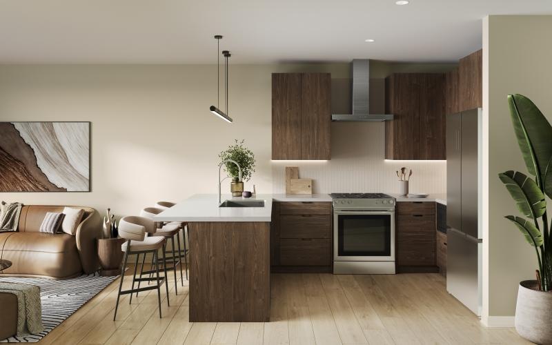 a kitchen with a couch and a table