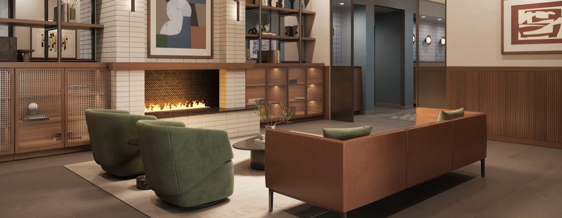 a lounge with a couch, chairs and a fireplace