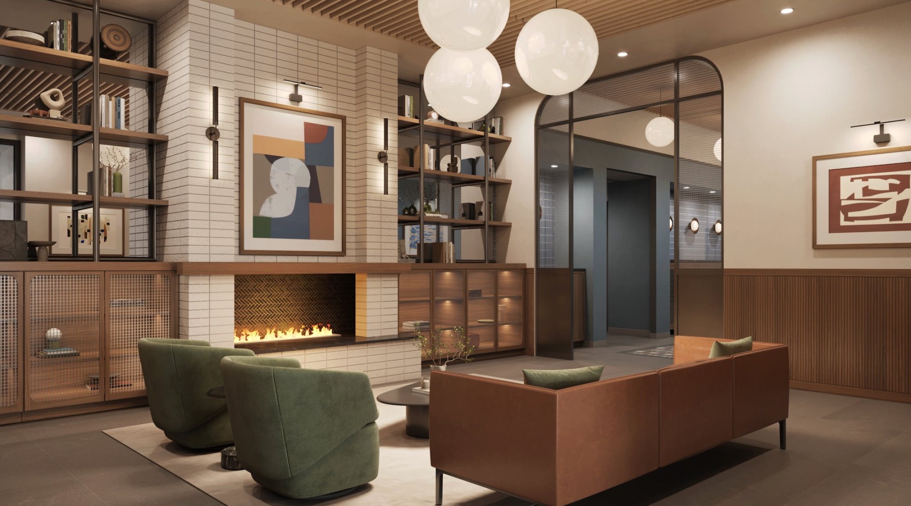 a lounge with seating chandelier and fireplace