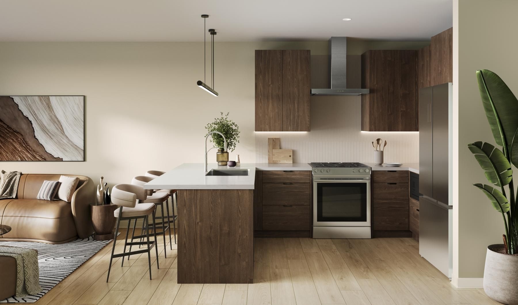 a kitchen with a couch and a table